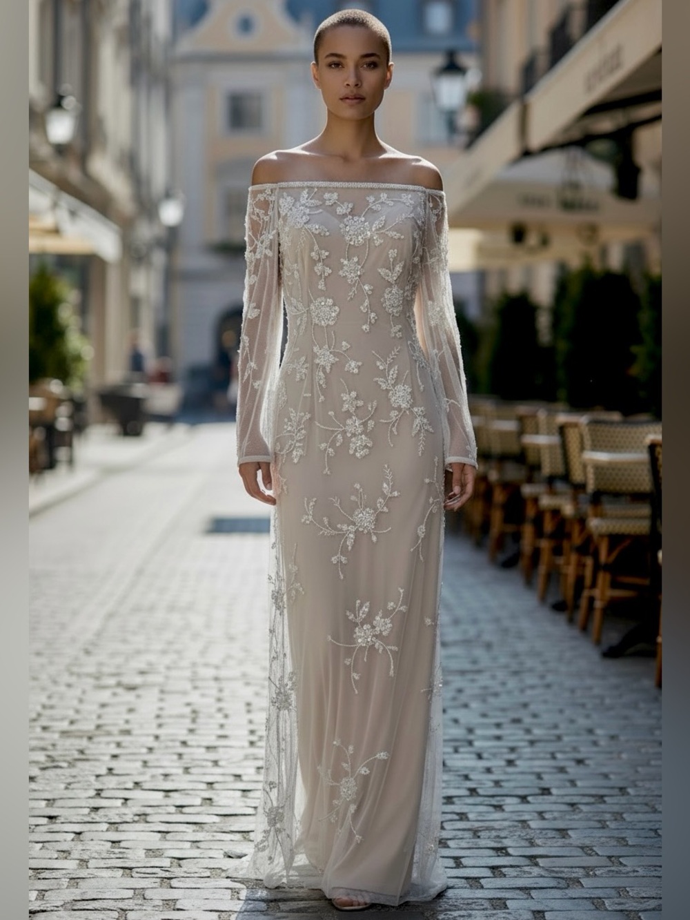 NWT Adrianna Papell Mesh Overlay Beaded Off Shoulder Back Zip Gown